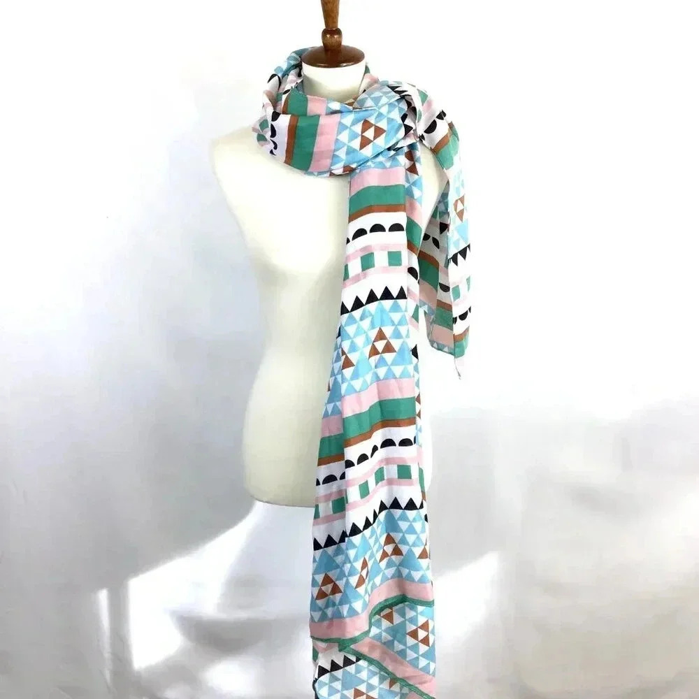 Large Western Scarf Aztec Geometric Printed Village Rectangle Pastels Dupatta - Picture 3 of 10
